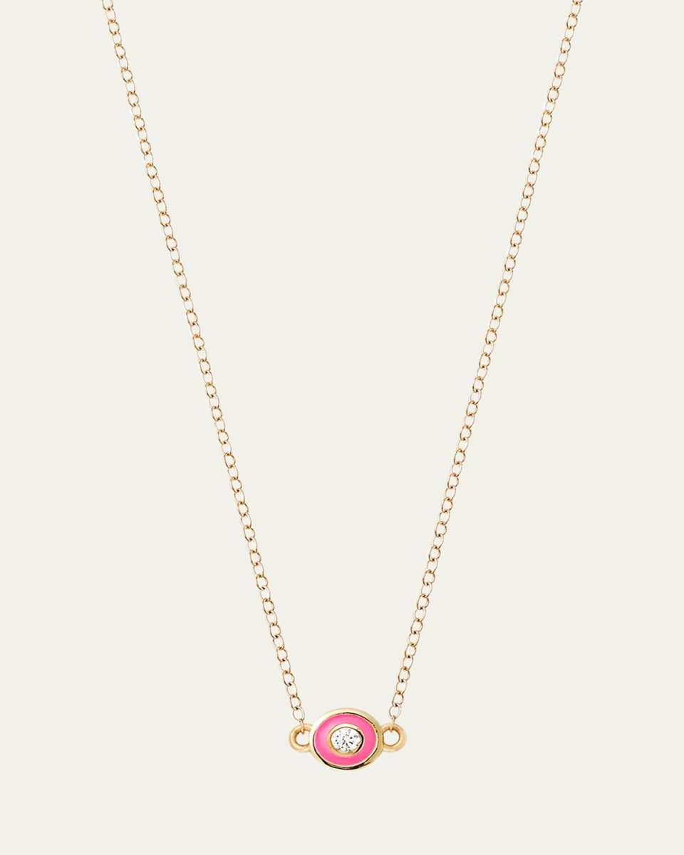 14K Yellow Gold Single Bezel Necklace with White Diamond and Pink Enamel